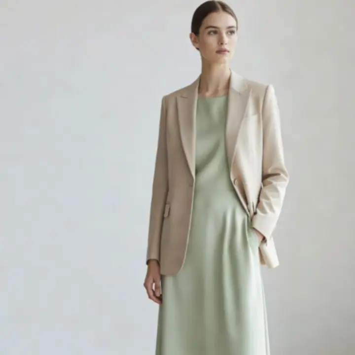 Bézs és zöld ruhadarabokat kombináló modern outfit