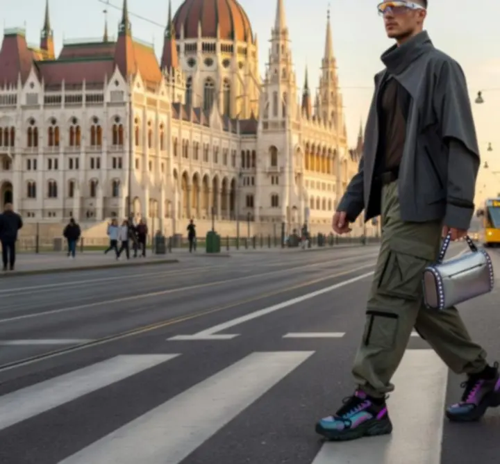Budapesti street style szett 2026-ban, modern városi háttérrel