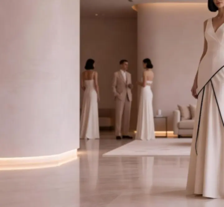 Elegáns esti outfit finoman csillogó ruhával és modern kiegészítőkkel